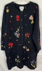 Quacker Factory Floral Embroidered Sweater Coat w/Button Covers Womens 1X Black - Picture 1 of 8