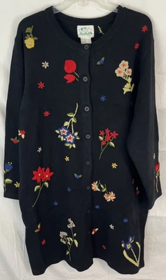 Quacker Factory Floral Embroidered Sweater Coat w/Button Covers Womens 1X Black - Image 1 of 4