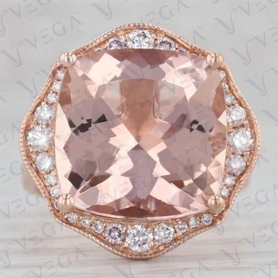 Anillo de diamantes y piedras preciosas de morganita natural de corte cojín de 6,50 quilates de oro rosa real de 14 quilates Foto 1 de 4