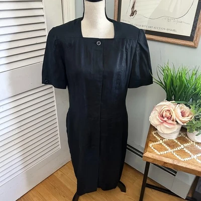 Vintage LIZ CLAIBORNE Womens Dress 12 Black Linen Sheath Retro 90s Modest Office - Image 1 of 4
