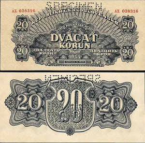 Czechoslovakia 20 Korun 1944, Specimen, aUNC, P-47s - Picture 1 of 1