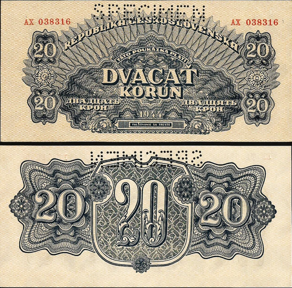 Czechoslovakia 20 Korun 1944, Specimen, aUNC, P-47s - Image 1 of 1