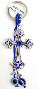 Portachiavi Croce da Appendere Feng Shui Blu Protezione Malocchio Nappa Strass - Foto 1 di 2