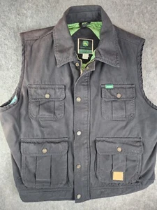 John Deere Black Thick Quilted Hunting Work Vest Cotton Men's Medium Distressed - Picture 1 of 8