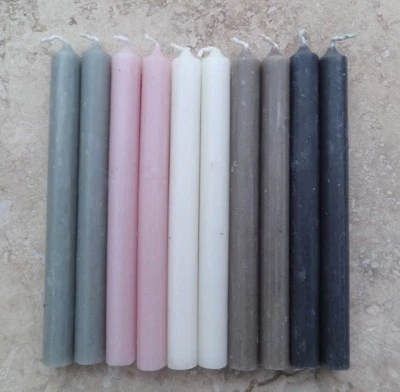 10 MINI Taper Dinner Candles 13cmx1.2cm White Grey Pink Flax Coal Ivory Red - Image 1 of 3