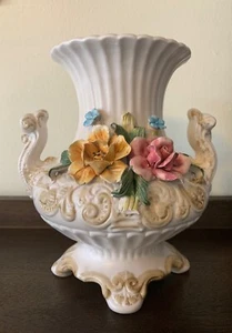 Italian Capodimonte Pottery Urn Double Handle Vase Urn w/Lid Roses Italy Vintage - Picture 1 of 12