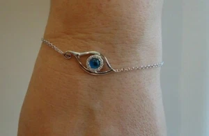 EVIL EYE 925 STERLING SILVER BRACELET W/ LAB ACCENTS / 7'' LOBSTER LOCK CLOSURE - Picture 1 of 7