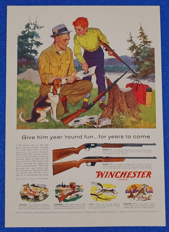 1958 VINTAGE WINCHESTER .22 CALIBER MODEL 61 & 77 RIFLES ORIGINAL COLOR PRINT AD - Image 1 of 1