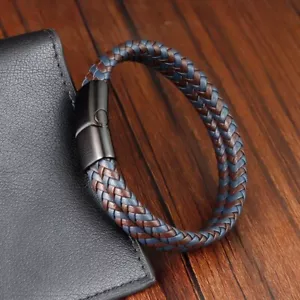 Men's Genuine Leather Braided Bracelet Stainless Steel Magnetic Buckle Bangle 1X - Picture 1 of 6