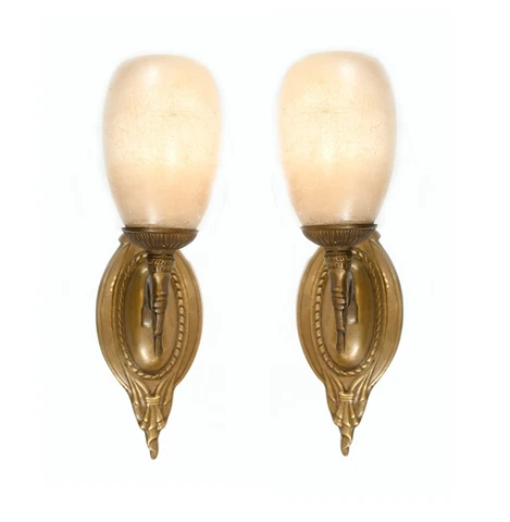 Pair Art Nouveau Wall Lights Sconces Alabaster Shades Cover