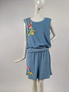 VINTAGE 1980’S BABY BLUE TERRY CLOTH SHORT SET W RIBBON TRIMMED HEARTS - Picture 1 of 7