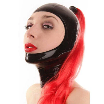Latex Hood with Ponytail Wig Back Zipper Open Face Rubber Mask Club Wear BDSM - Image 1 of 3