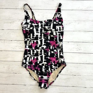 Gottex Pink Black White Square Neck One Piece Bathing Suit  Size 14 - Picture 1 of 6