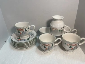 6 SANGO SILENT NIGHT Footed Cup And Saucers Christmas Village ~JOAN LUNTZ 1678 - Picture 1 of 11