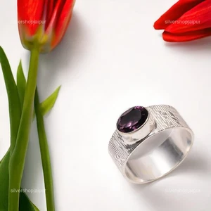 925 Silver Oval Cut Amethyst Gemstone Engagement Statement Daughter Ethnic Ring - Picture 1 of 11