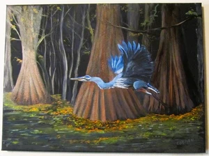 BLAUREIHER IM BAYOU, ORIGINAL 12 X 16 ÖLGEMÄLDE AUF GESPANNTER LEINWAND - Bild 1 von 1
