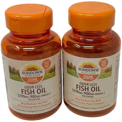 Lote de 2 - Aceite de pescado inodoro Sundown, 1290 mg, suplemento Omega 3, apoya el corazón Foto 1 de 4