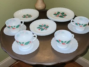 Vtg Crisa Termocrisa Holly Milk Glass Dishes 20pc Set Plates Bowls Cups Box - Picture 1 of 7