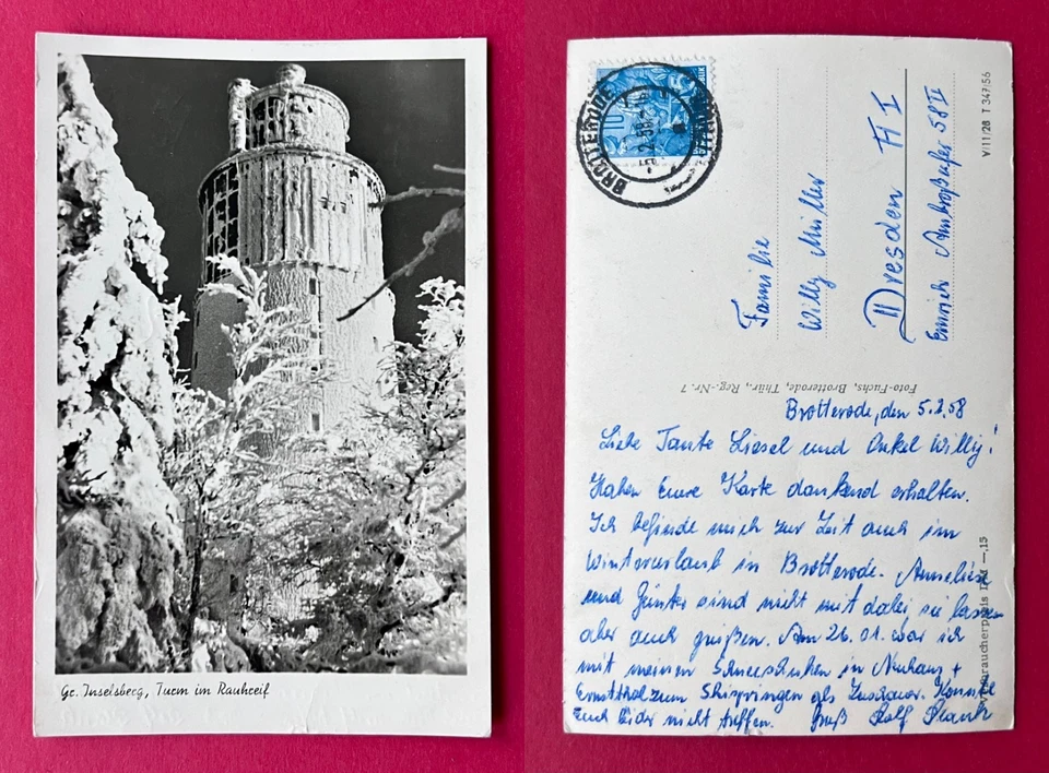 DDR Foto AK BROTTERODE in Thüringen 1958 Grosser Inselsberg Turm Raureif( 168048 - Bild 1 von 1