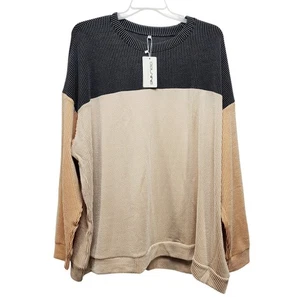 Gestreifter Colorblock Pullover Übergröße Größe 5XL Damen Langarm Schwarz Beige - Bild 1 von 7
