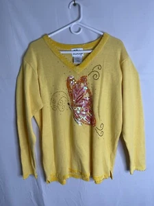 Quacker Factory Sweater Yellow Butterfly Sequins Beaded V Neck Sz L 792 - Picture 1 of 11