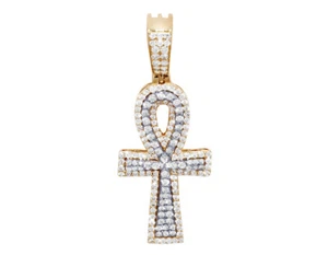 Unisex Real Diamond Ankh Cross Pendant 3/4 CT 14K Yellow -White Gold 1.5" - Picture 1 of 4