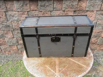 Antique Wood Curved Top Travel Steamer Trunk Chest St. Petersburg Russia Labels - Image 1 of 4