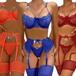 Sexy Garter Lingerie for Women Fishnet Push Up Bra Set Lace 4 Piece Sets Chain - Picture 1 of 27
