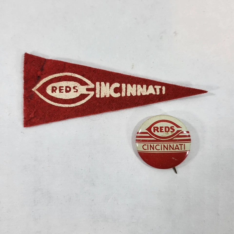 1960's Cincinnati Reds Baseball Official Mini Pennant + Button Pin - Image 1 of 2