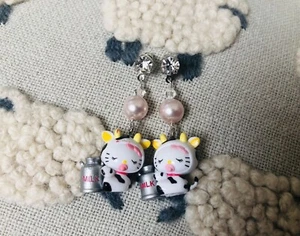Hello Kitty Sanrio Baby Cows Mascot Pink Swarovski Earrings Charm Kawaii Japan - Picture 1 of 8