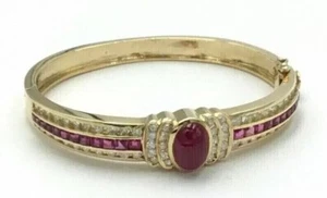 9CT Oval Cut Simulated Red Ruby 14K Yellow Gold Plated Women's Bangle Bracelet - Picture 1 of 5