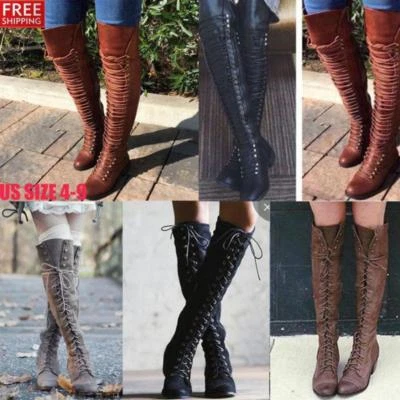 Retro Ladies Over Knee Lace Up Boots Thigh High Combat Low Heel Military Shoes - Image 1 of 4
