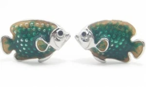 Jan Leslie Vivid Green Tropical Fish Cufflinks Silver 925 Enamel 15×25mm Unused - Picture 1 of 7