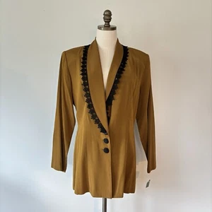 Vintage 80s Mustard Blazer Large Black Lace Trim Asymmetrical Button Avant Garde - Picture 1 of 24