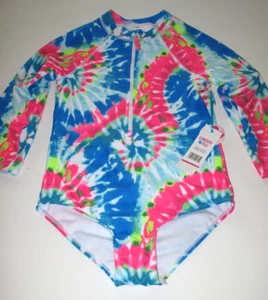 LIMITED TOO Big Girl's 10/12  Long Sleeve Rash Guard Swimsuit 1 Pc Tie Dye Blue - Picture 1 of 2