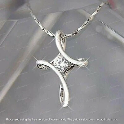 Женский кулон-крест с круглым лабораторным бриллиантом 2 карата покрытие белым золотом 14 карат - Изображение 1 из 2