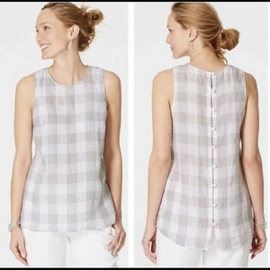 Top a quadri J. Jill Love lino grigio bufalo bianco Cottagecore minimalista piccolo - Foto 1 di 8