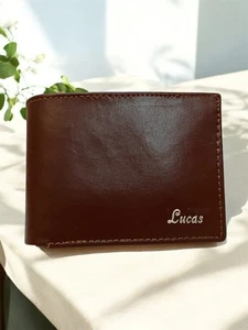 Personalisierte braune Leder Geldbörse Lucas - Gravur auf beiden Seiten Doppelfaltung - Bild 1 von 5