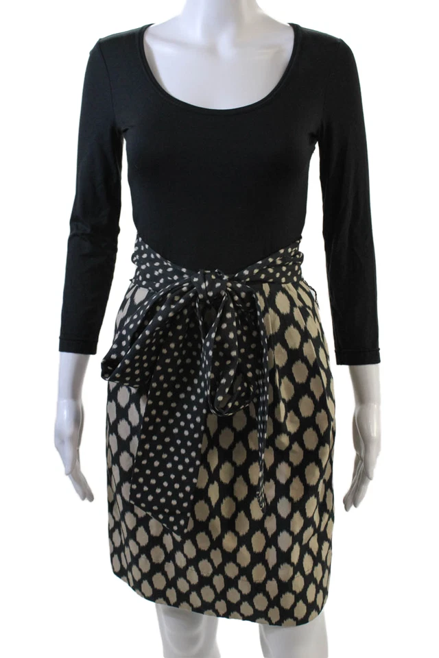 DKNY Womens Textured Long Sleeve Round Neck Polka Dot Dress Black Size 0 - Image 1 of 4