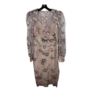 Mac Duggal Kleid Damen 8 Mokka Pailletten Blumen bestickt Midi Langarm MÄNGEL - Bild 1 von 15