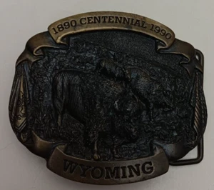 Vtg 1989 Brass Belt Buckle Wyoming Centennial Limited Edition 709/3000 - Picture 1 of 11