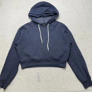 Forever 21 Women's Small Cropped Hoodie Navy Blue Pullover Drawstring Sweatshirt - Picture 1 of 12