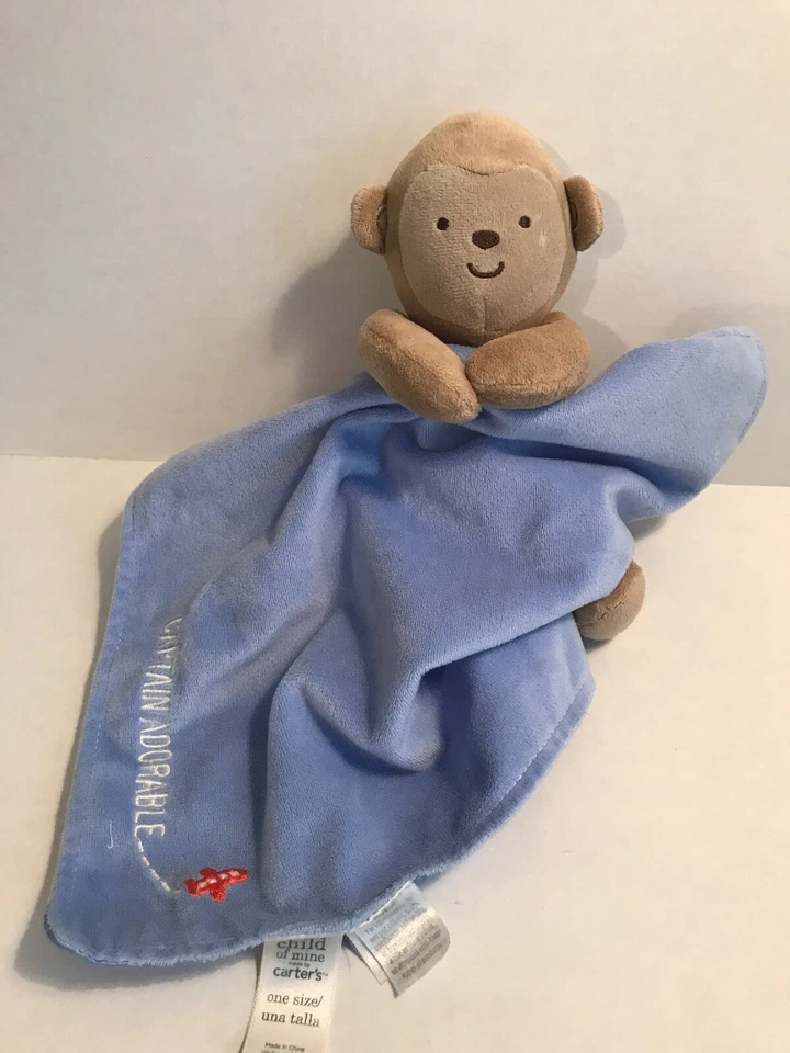 Child Of Mine Carters Captain Adorable Blue Lovey Blanket Rattle Monkey ~Flaw - Image 1 of 4