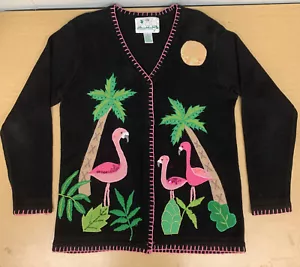 Black Sweater Pink Flamingos THE QUACKER FACTORY Cotton Blend SZ S Small Women - Picture 1 of 13