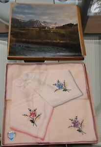 3 VINTAGE WHITE IRISH COTTON LADIES HANDKERCHIEFS WITH FLORAL EMBROIDERY - BOXED