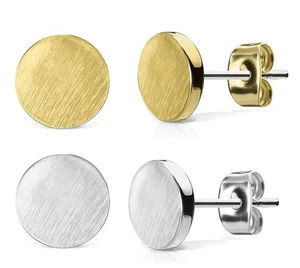 Flat ROUND Stud Earrings - 316L Steel - GOLD, ROSE GOLD or SILVER - GIFT BOXED - Picture 1 of 5
