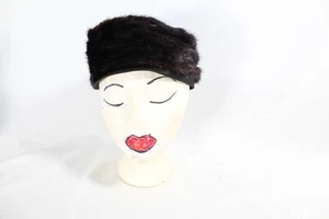 Vintage 1960s Black Sateen & Mink Fur Pillbox Hat Glamorous Old Hollywood Style - Picture 1 of 7