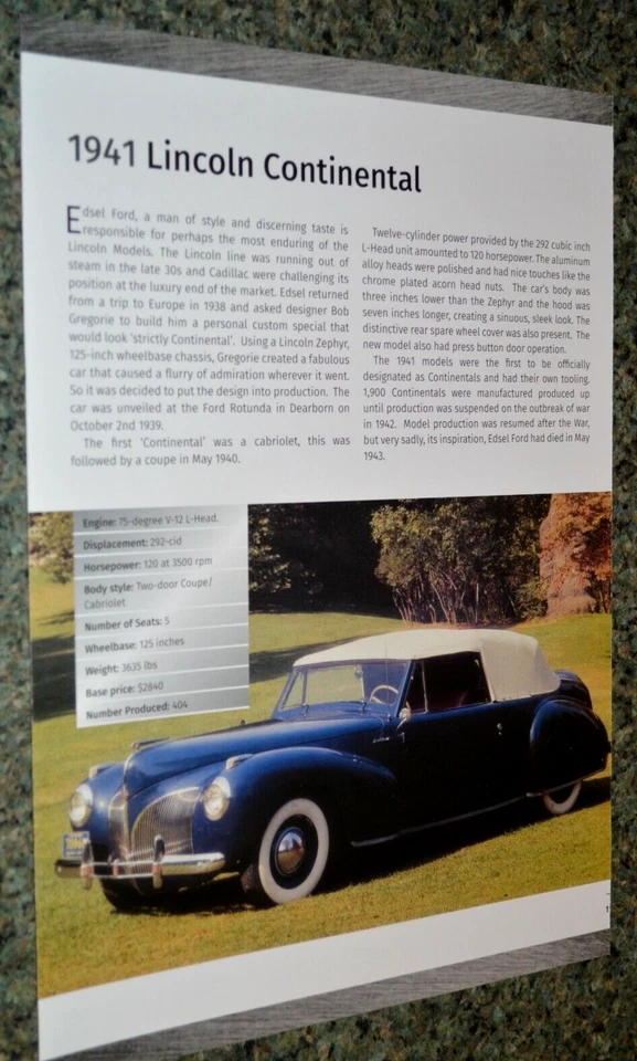 1941 LINCOLN CONTINENTAL INFO SPEC SHEET PHOTO FEATURE PRINT 41 2 - Image 1 of 1