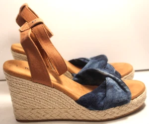 TOMS MARISELA WEDGE SANDALS DENIM BLUE ANKLE STRAP SIZE 10M - Picture 1 of 6