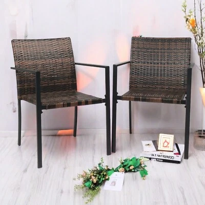 2pcs Woven Rattan Armchairs - Stackable, Brown Ombre & Black Steel Frame - Image 1 of 4